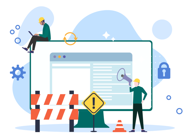 Illustration of workers around a computer screen